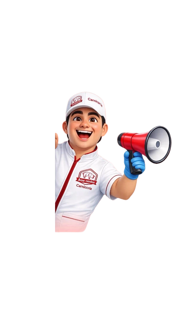 Carnicero de Max Cerdos anunciando con megáfono los precios de carne